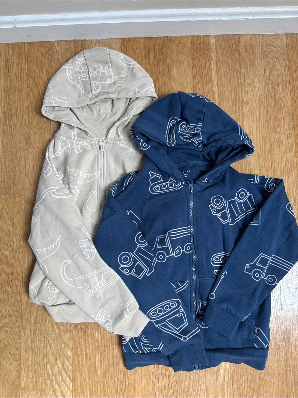 Primark Navy and Beige Kids Zip Hoodie Duo with Vehicle & Dino Prints